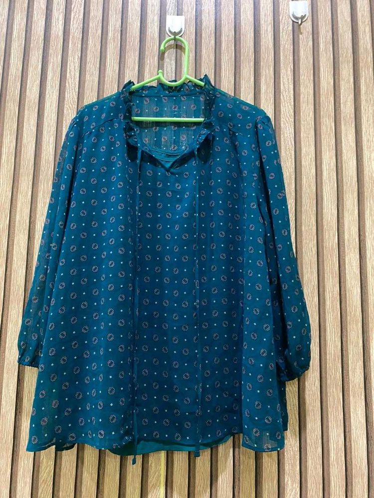 Teal Printed V-Neck Blouse
