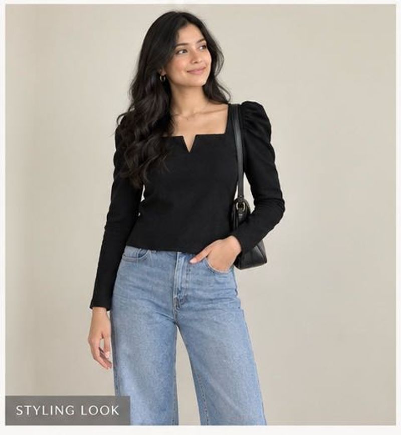 Black Puff Sleeve Square Neck Top