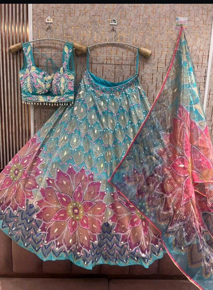 Stunning Teal Lehenga Choli with Floral Embroidery