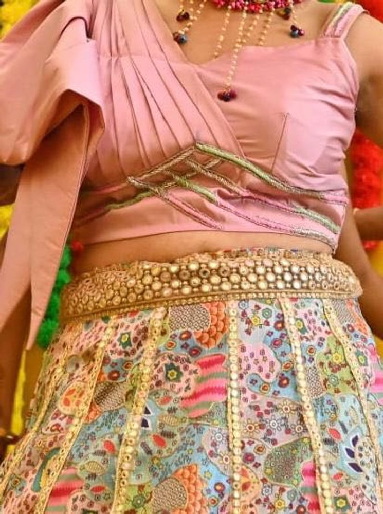 Designer Pink Brocade Blouse &amp; Printed Lehenga Set