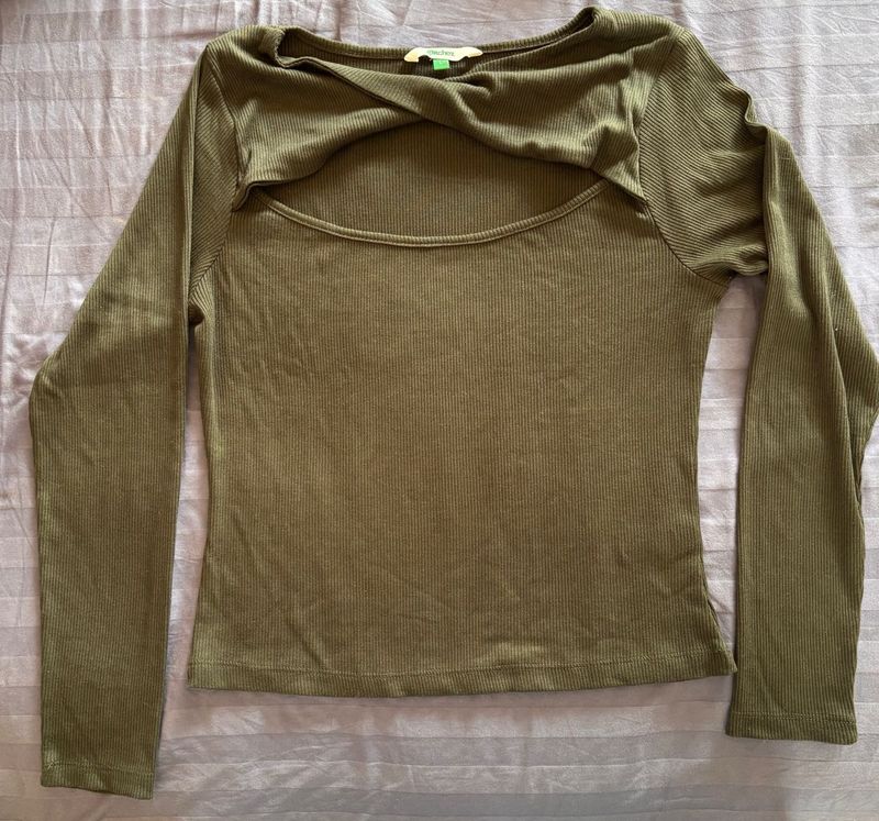 Olive Green Ribbed Cutout Top