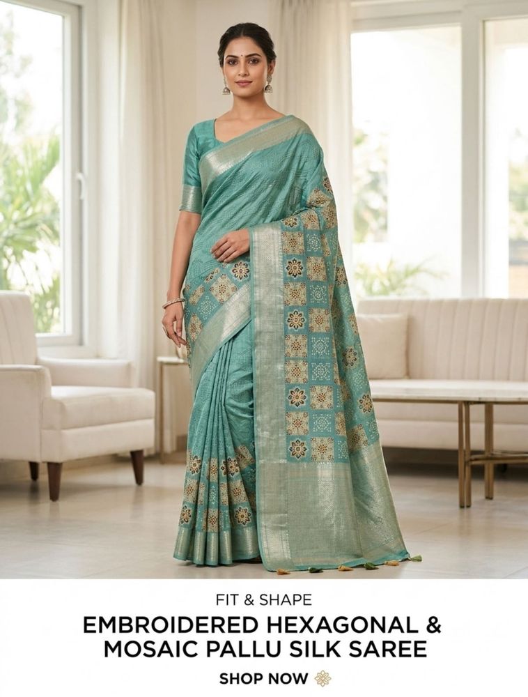 Elegant Teal Silk Saree with Mosaic Pallu