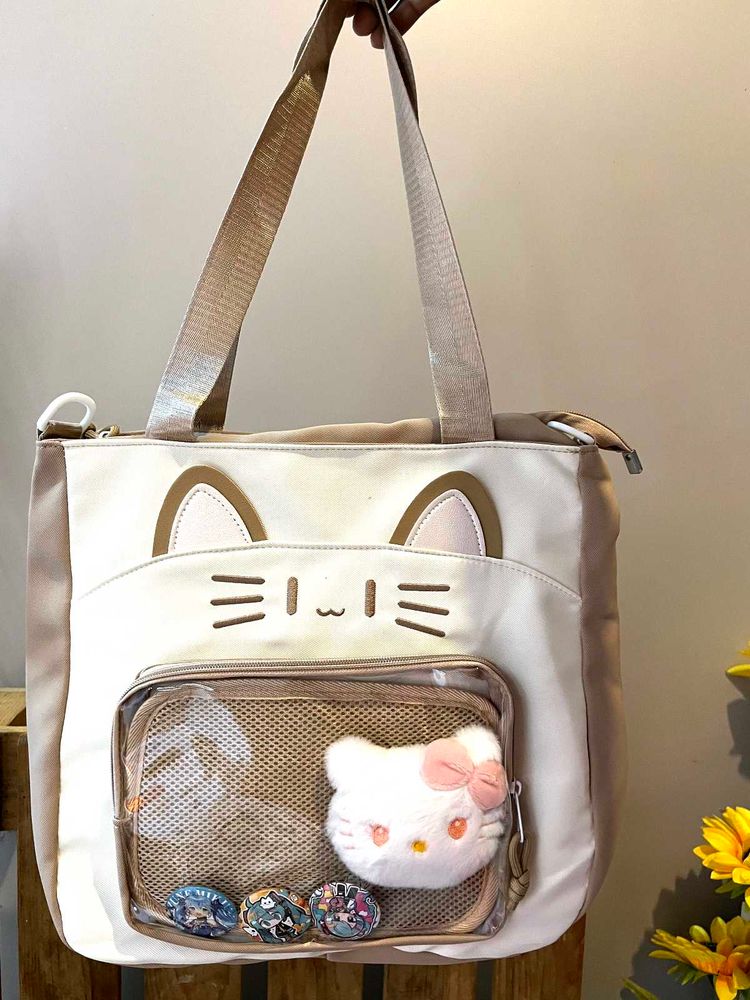 Cute Cat Tote Bag with Hello Kitty Charm