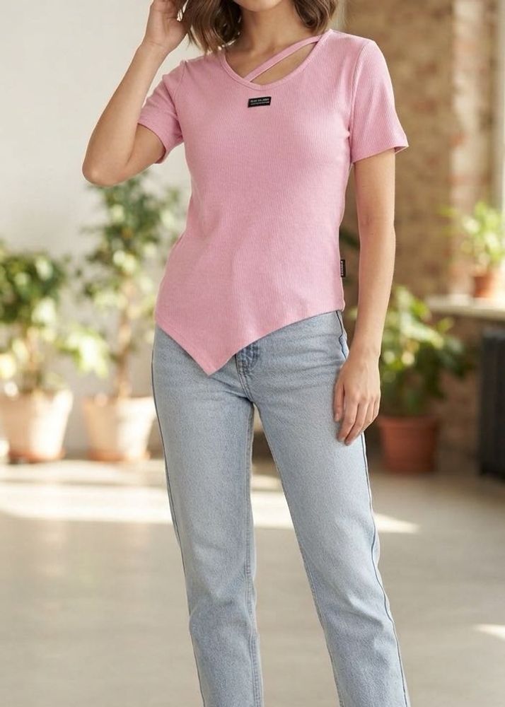 Pink Ribbed Asymmetrical Hem Top
