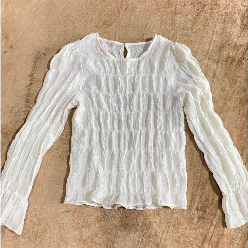 Chic White Textured Long Sleeve Top