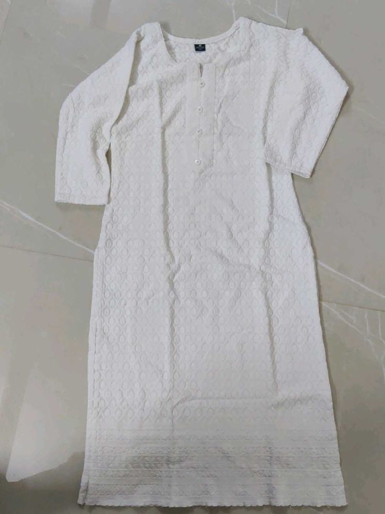 White Pure Cotton Kurta | Full Self Chicken Work |