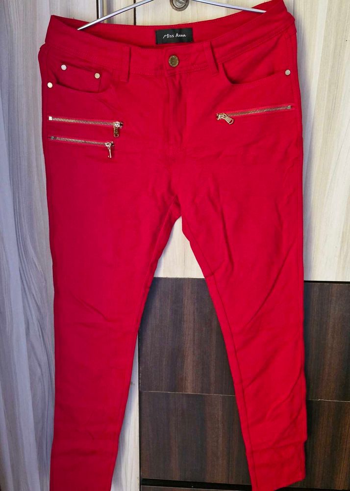 Stylish Red Zip Detail Pants