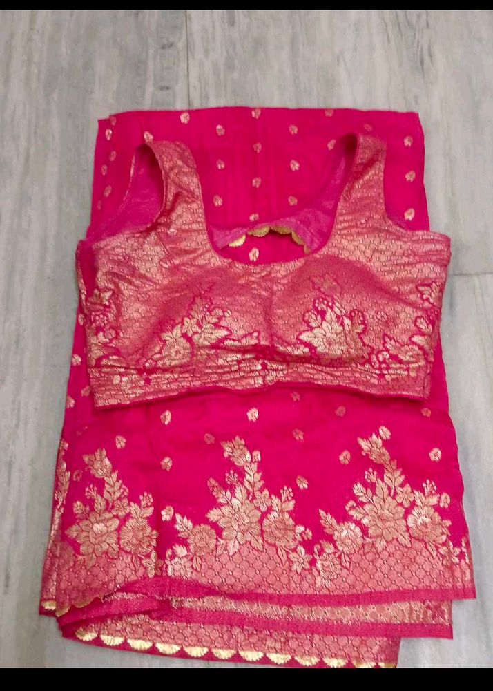 Vibrant Pink Saree with Golden Border