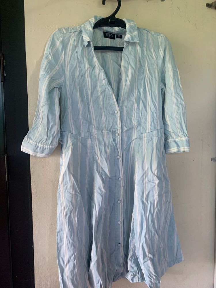 Light Blue Striped Button-Down Dress