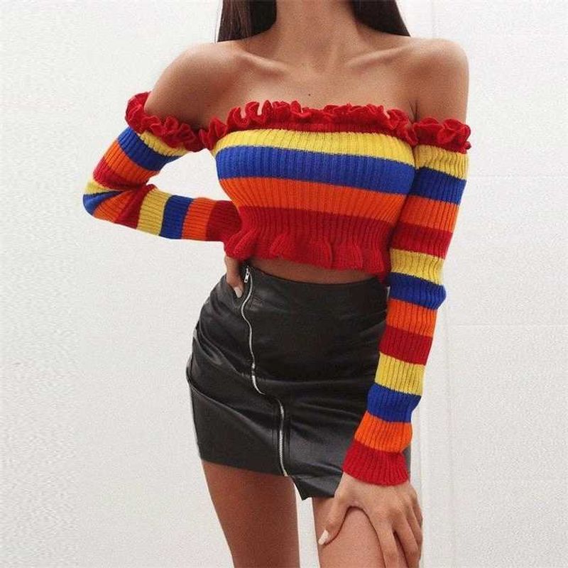 Rainbow Striped Off-Shoulder Top