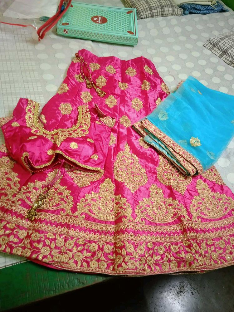Pink &amp; Gold Embroidered Lehenga Set