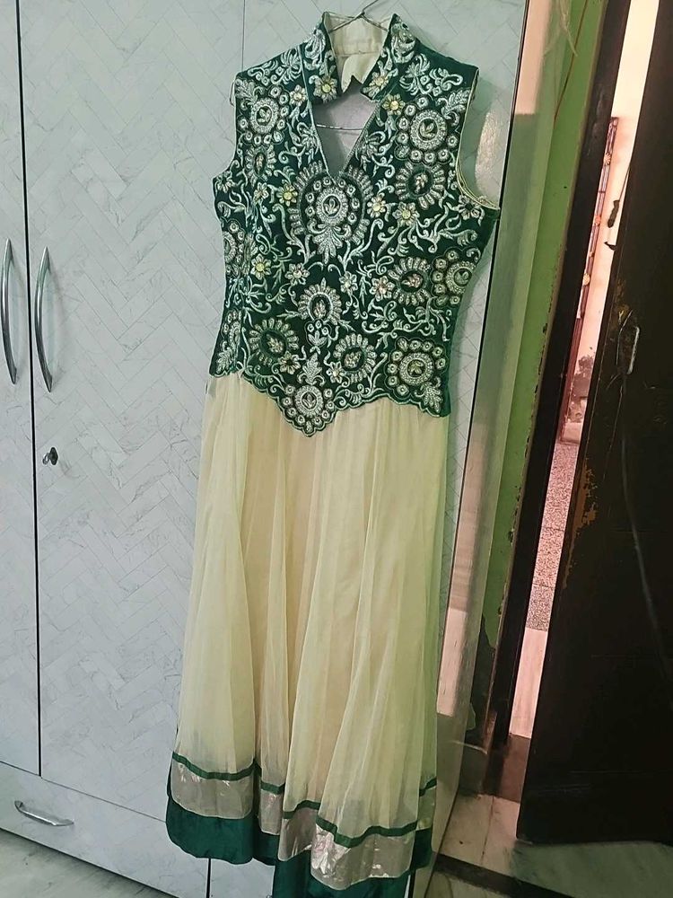 anarkali suit with green velvet choli