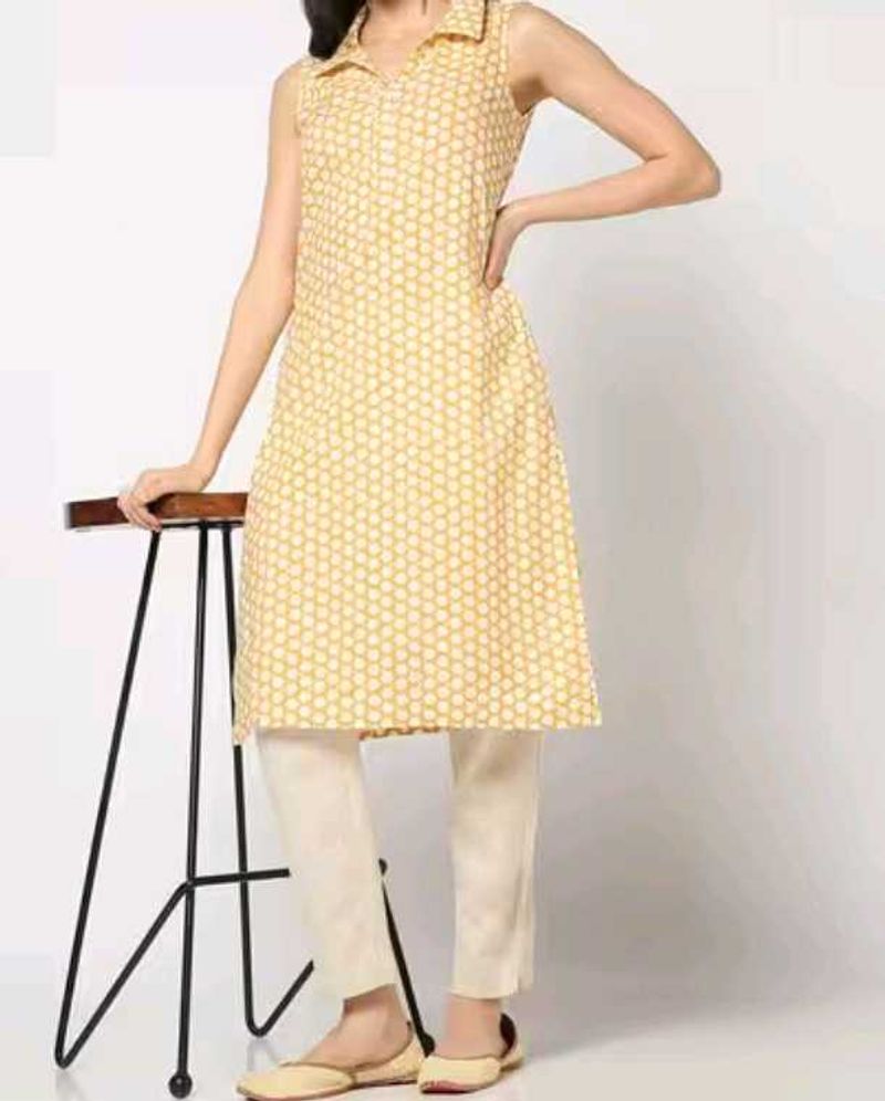 sleevless Yellow Polka Dot kurta