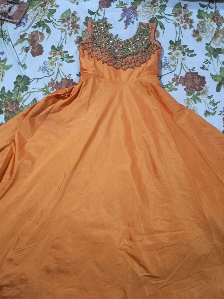 Orange Anarkali Dress with Embellished Neckline