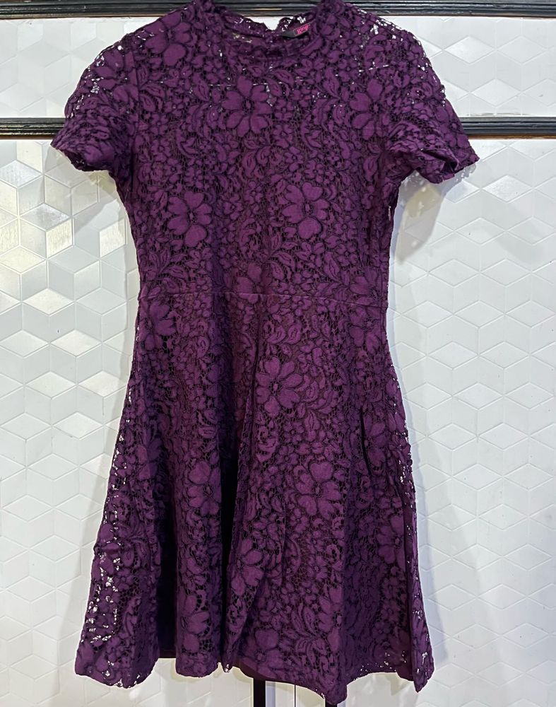 Purple Floral Lace Fit &amp; Flare Dress with Side Zip
