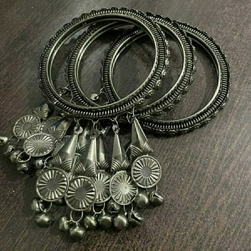 Oxidized Silver Bangles with Tassels