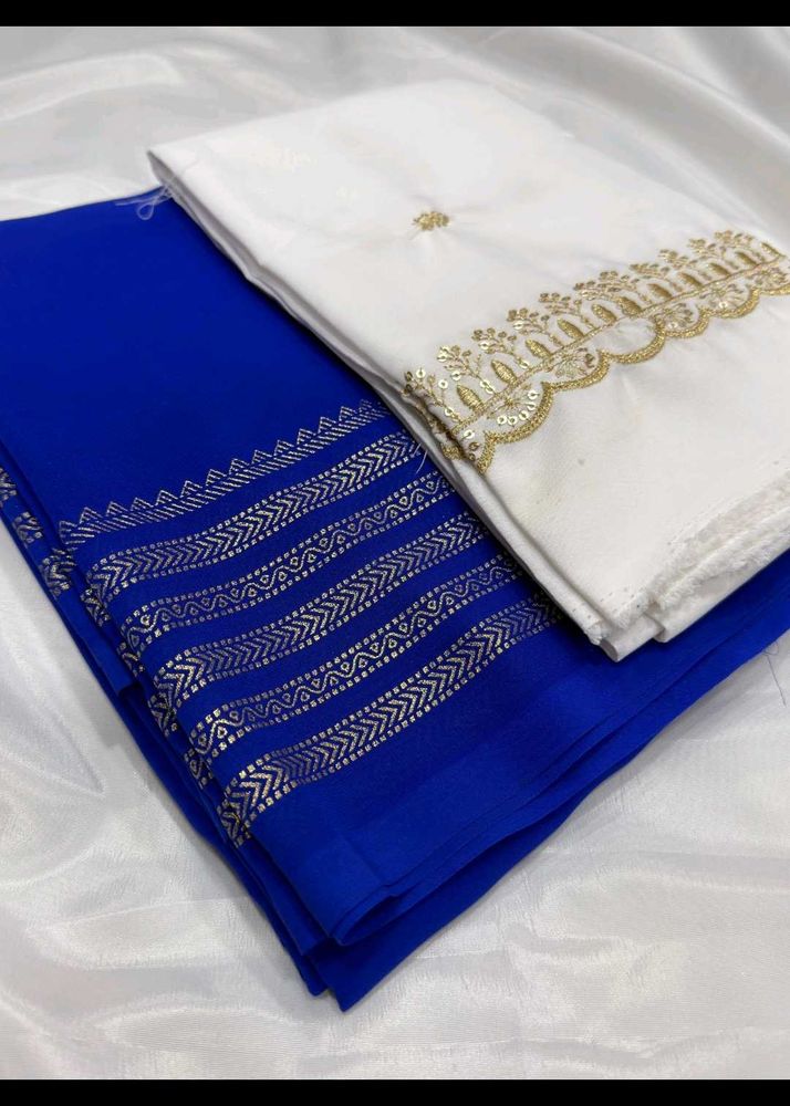 Elegant Blue Saree White Blouse Piece