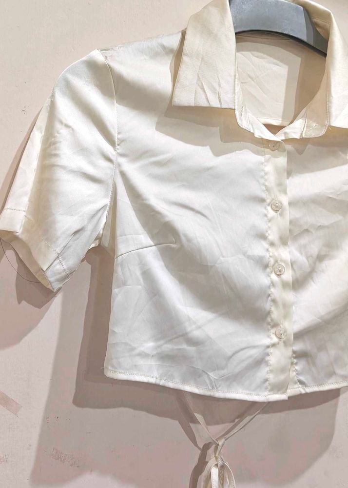 Cream Satin Cropped Button-Up Shirt