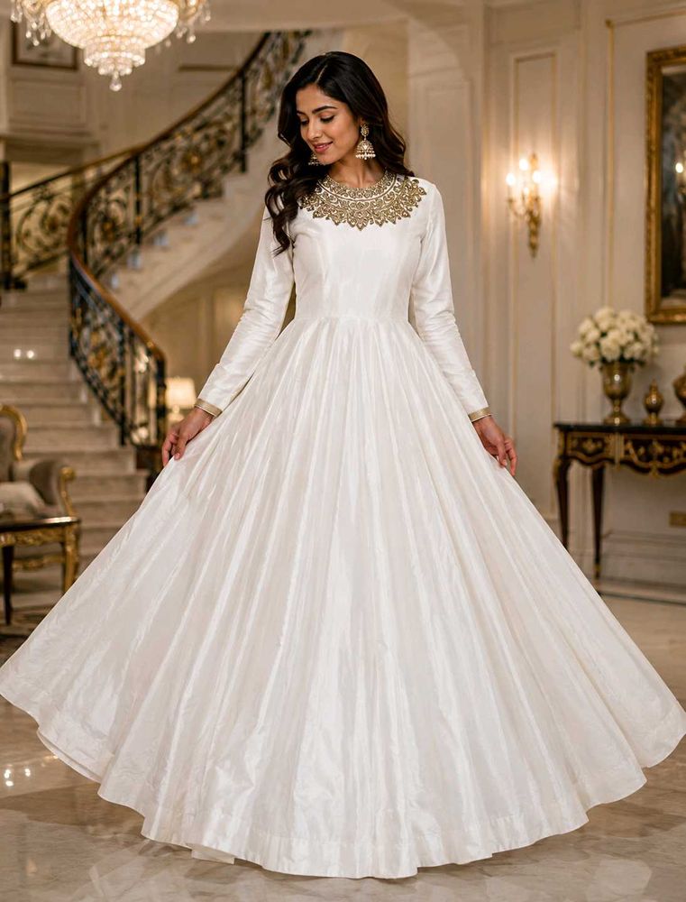 Elegant White Anarkali Gown with Gold Embroidery