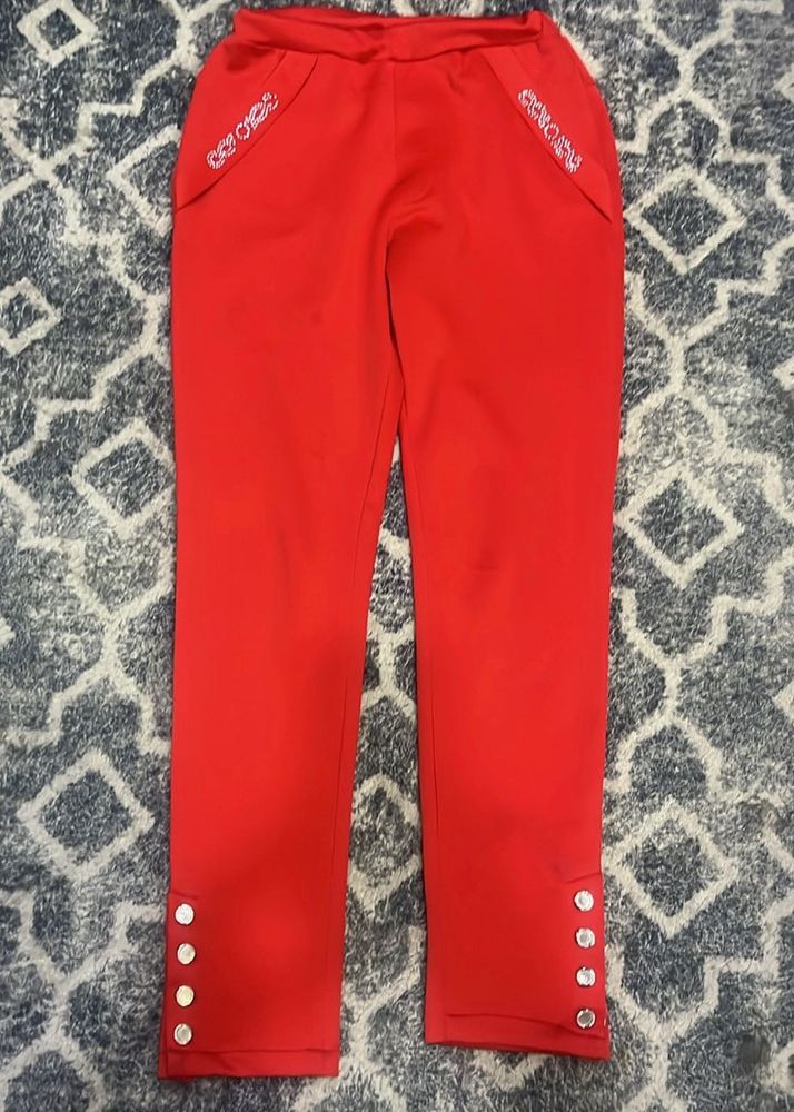 Vibrant Red Embellished Stretch Pants