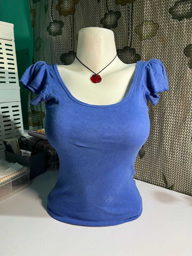 Blue Puff Sleeve Scoop Neck Top