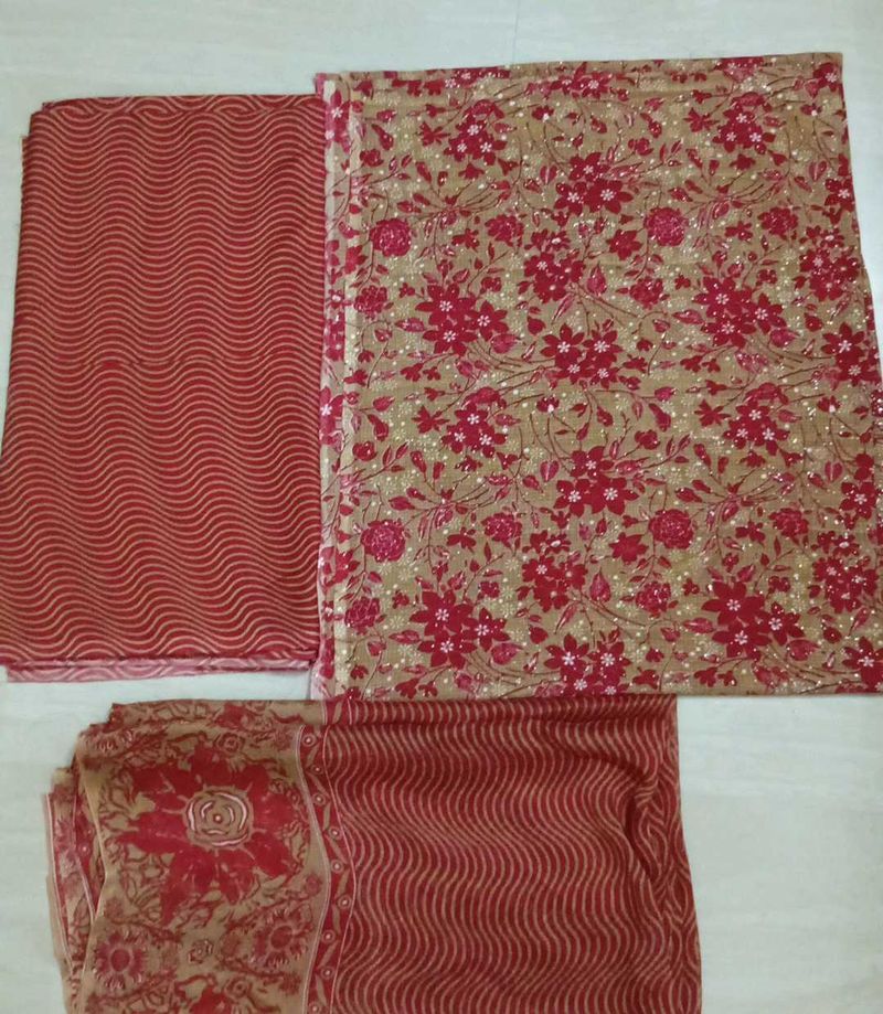 Unstitched flroal kurta, striped bottom wear dress