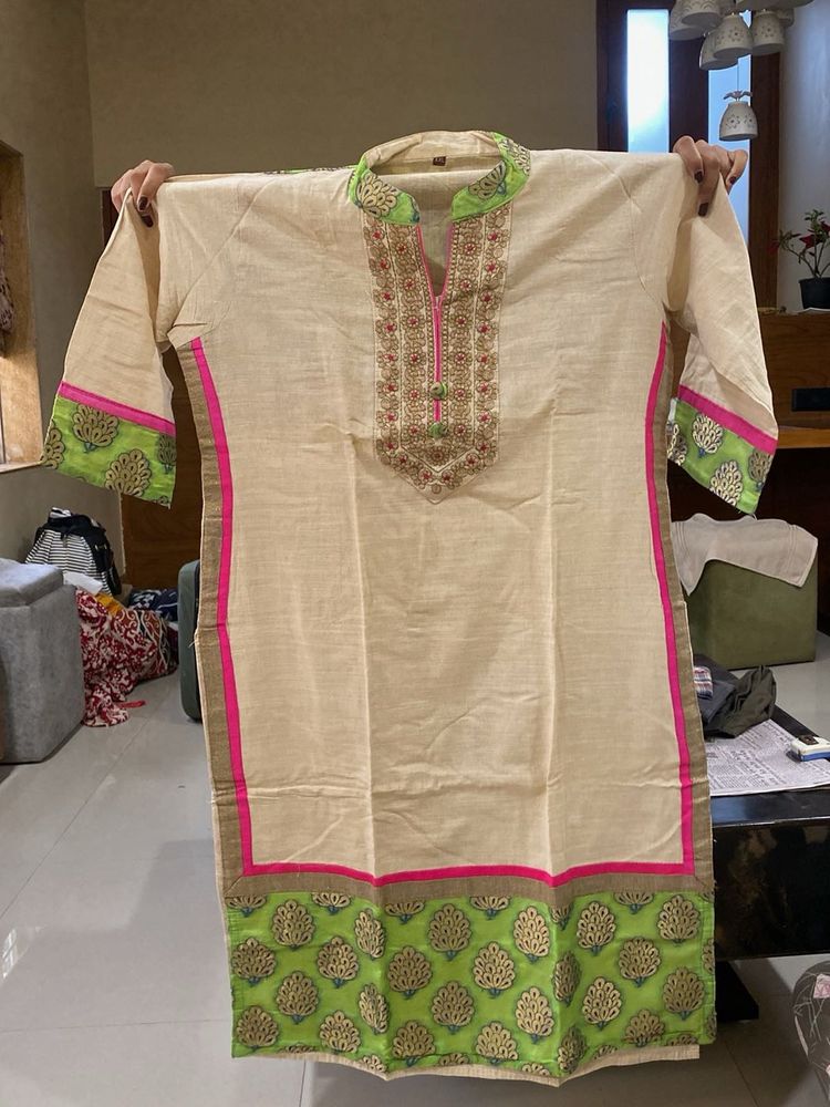 Elegant Beige Kurta with Green &amp; Pink Border