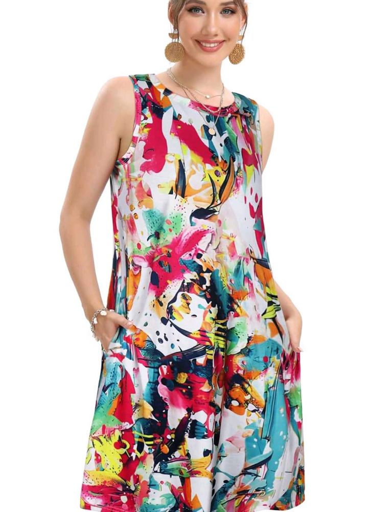Vibrant Abstract Print Sleeveless Dress