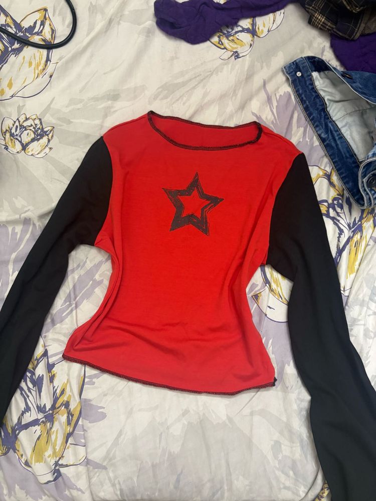 Red &amp; Black Star Long Sleeve baby tee