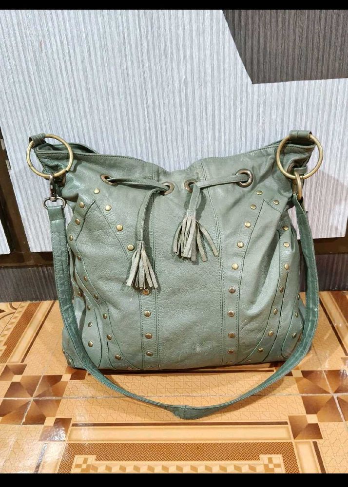 Stylish Green Leather Studded Shoulder Bag