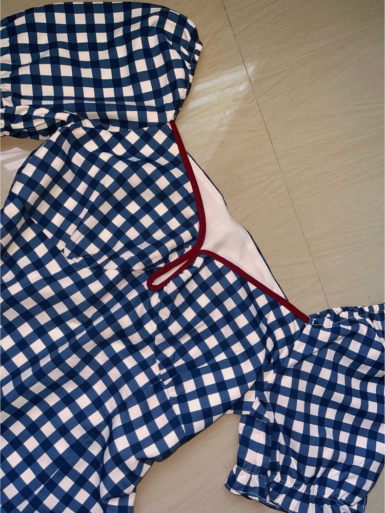 Blue Gingham Off-Shoulder Top