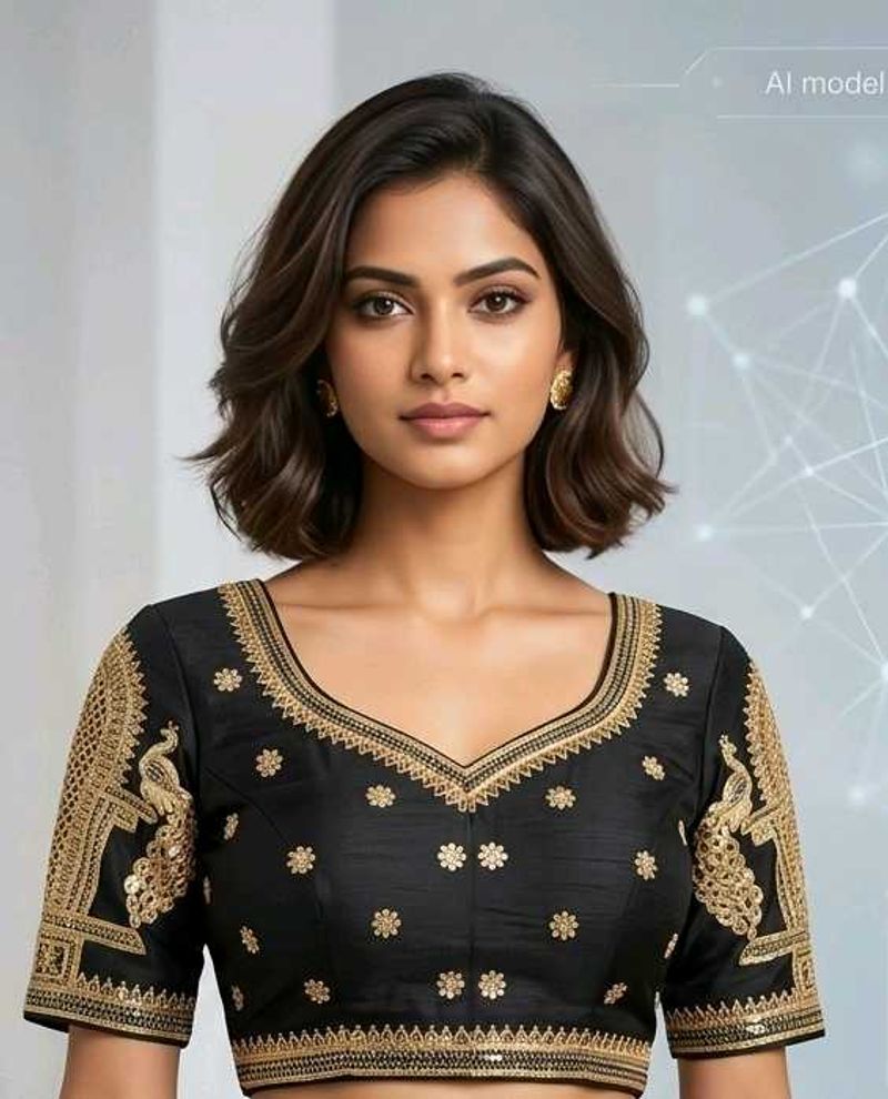 Brand New Black &amp; Gold heavy work silk blouse