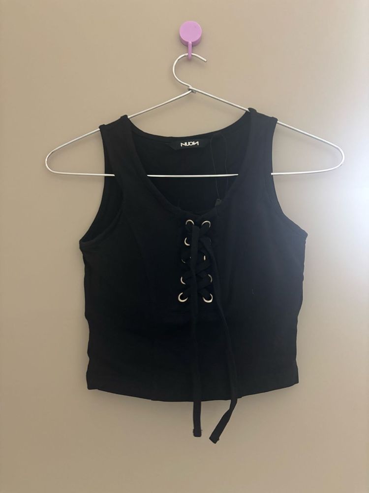 Black Lace-Up padded Crop Top