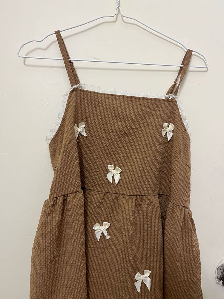 Cute Brown Textured Dress with Bows