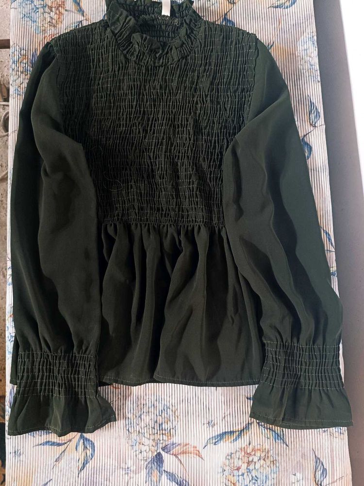 Dark Green Smocked Neck Top