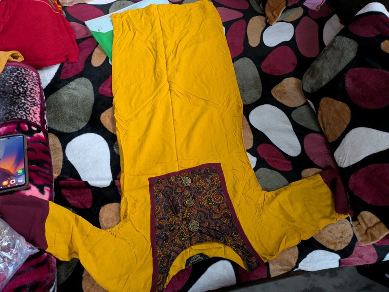 Vibrant Yellow Kurti with Maroon Accents