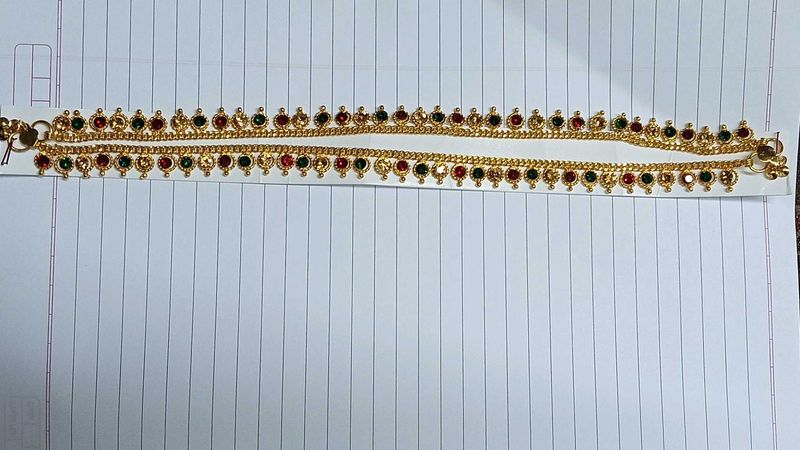 Gold-Plated Anklets with Red &amp; Green Stones