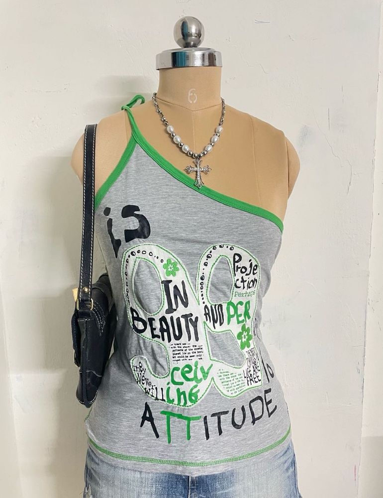 Grey Graphic Print One Shoulder Top