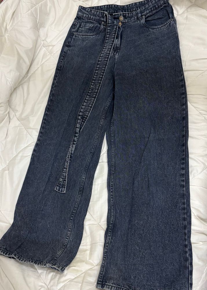 Gray wash Crossover belt Wide Leg Denim Jeans