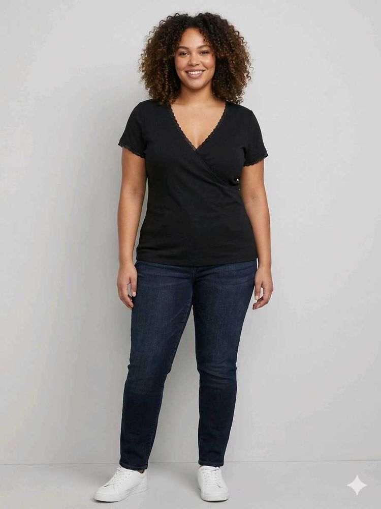 Chic Black Lace Trim Wrap Top
