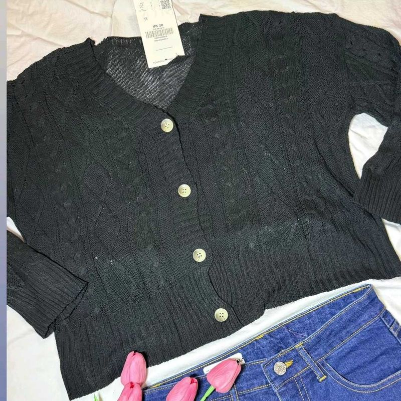 Black Cable Knit Button-Up Cardigan