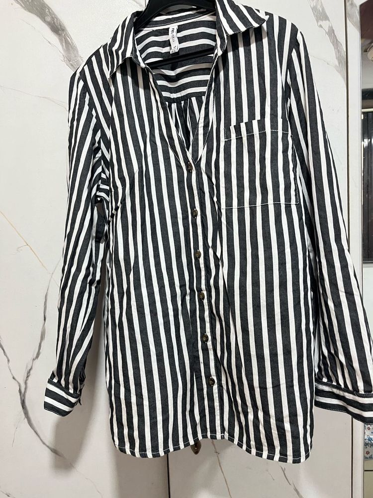 V Neck Striped Button-Down Shirt