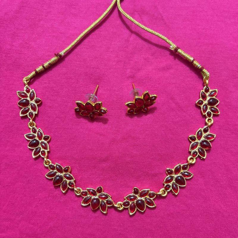 Elegant Red Stone Lotus Necklace &amp; Earring Set