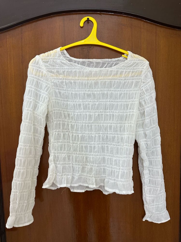 White Smocked Long Sleeve Top
