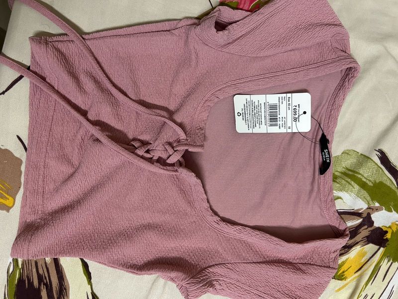 Pink Textured Lace-Up Crop Top