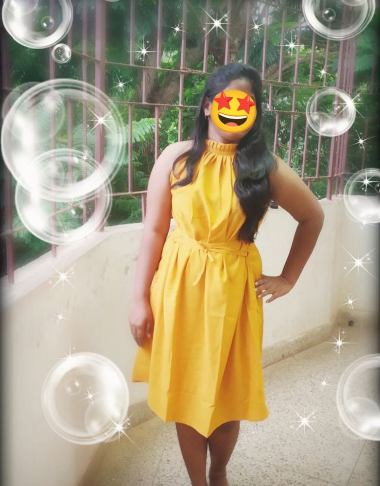 Knee Length Party Wear Yellow Dress