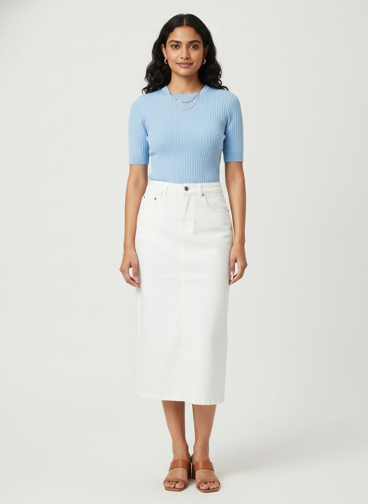 Classic White Denim Midi Skirt