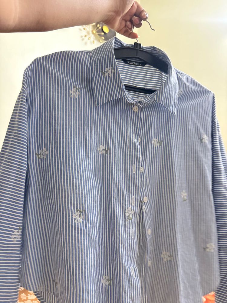 Blue Striped Embroidered Shirt