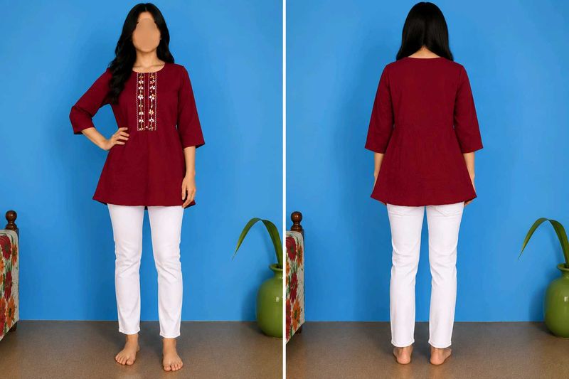 Maroon Embroidered Kurti with grey jeans