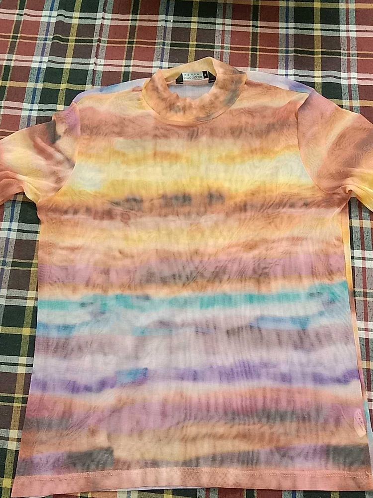 Sheer Sunset Striped Mock Neck Top